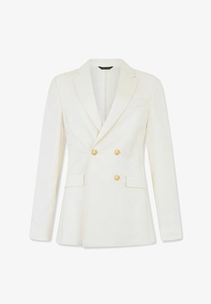 Blazer blanc croisé à double boutonnage avec boutons dorés, revers à encoches, deux poches à rabat sur le devant et une poche poitrine passepoilée.