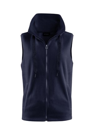 Marineblaues Fleece-Weste mit hohem Kragen, Reißverschluss vorne, zwei Seitentaschen und Kordelzug-Akzenten an der Kapuze. Weiche Textur, ärmelloses Design.