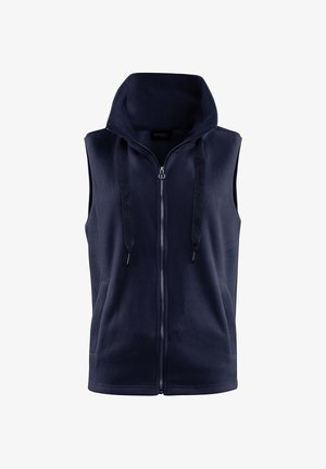 Marineblaues Fleece-Weste mit hohem Kragen, Reißverschluss vorne, zwei Seitentaschen und Kordelzug-Akzenten an der Kapuze. Weiche Textur, ärmelloses Design.