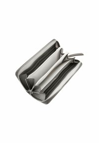 Portefeuille en cuir gris avec fermeture éclair, comportant plusieurs emplacements pour cartes, des compartiments et un intérieur lisse, mettant en valeur un design minimaliste.