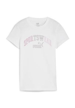 Biały bawełniany t-shirt z krótkimi rękawami, z różowo-szarym napisem "SPORTSWEAR" i logo. Klasyczny krój z okrągłym dekoltem.