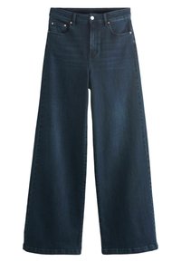 Jean large taille haute bleu foncé avec bouton à l’avant, fermeture éclair et cinq poches.