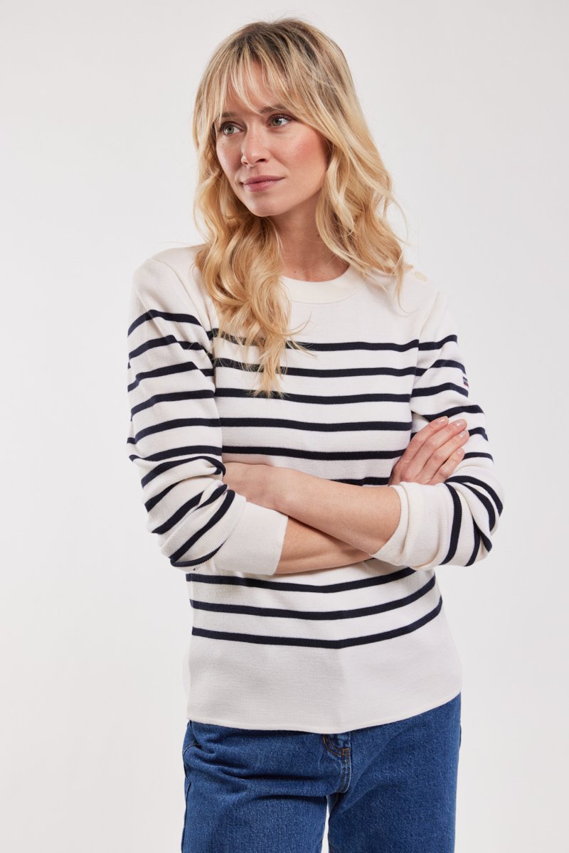 Hvid striktrøje med marineblå vandrette striber, rund halsudskæring og lange ærmer. Sammen med blå denim jeans. Glat tekstur.