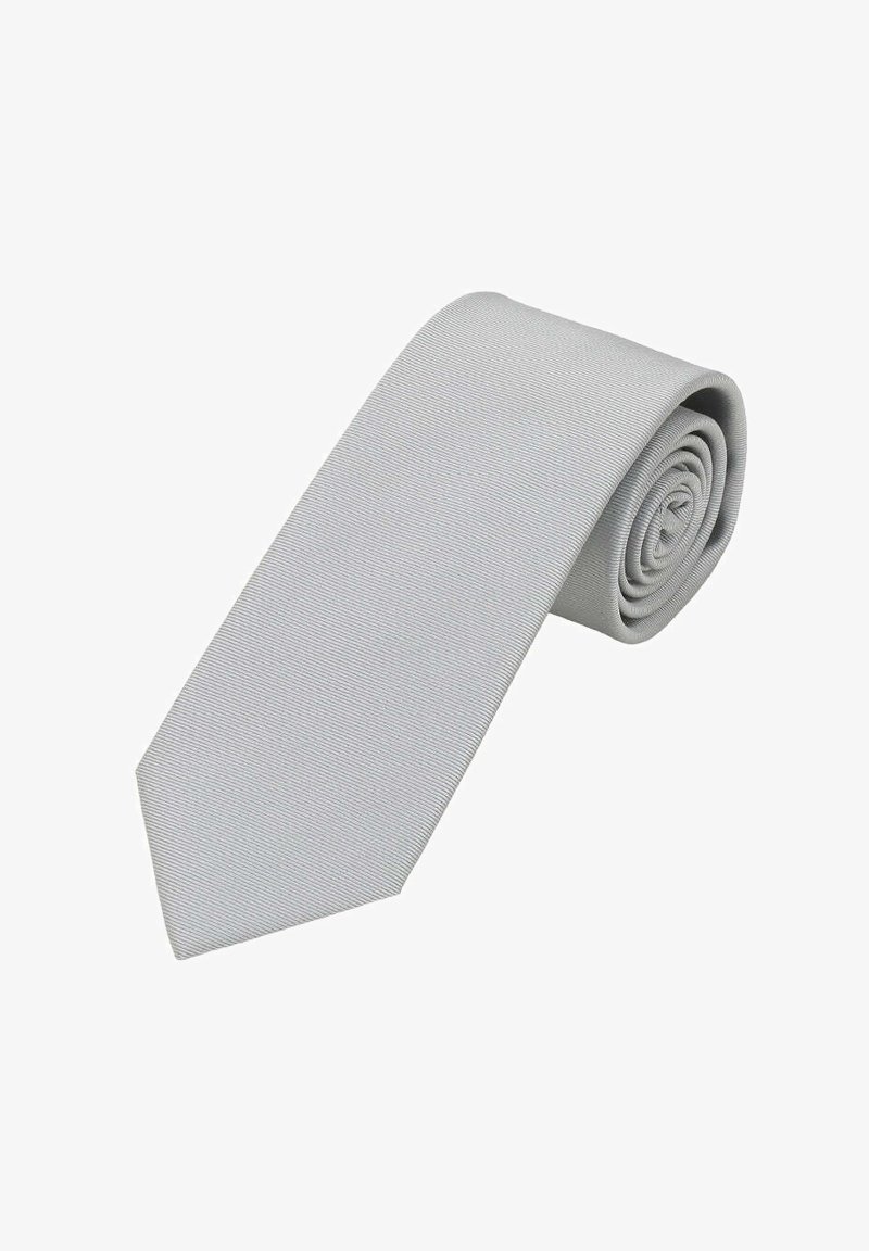 Light grey tie made of textured fabric, featuring subtle diagonal stripes. It is rolled for display, showcasing its sleek design and pointed end.