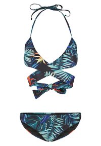 Fekete alapú bikini szett, trópusi pálmalevél mintával zöld, kék és piros színekben; állítható nyakpánt és masni részlet.