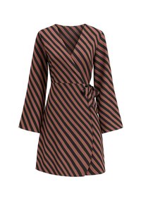 Robe portefeuille à rayures diagonales marron et noires, avec des manches longues et une fermeture à nouer sur le côté, de longueur genou.