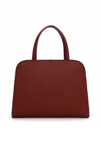 Rød læderhåndtaske med kornet struktur, struktureret design, rundet top, to korte håndtag og en glat, flad bund. Guld hardware-detaljer.