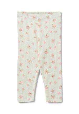 Leggings blancos para bebé con un sutil patrón texturizado y un estampado disperso de pequeñas flores rosas y tallos marrones.