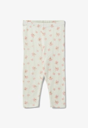 Weiße Baby-Leggings mit einem dezenten, strukturierten Muster und einem verstreuten Aufdruck kleiner pinker Blumen und brauner Stiele.