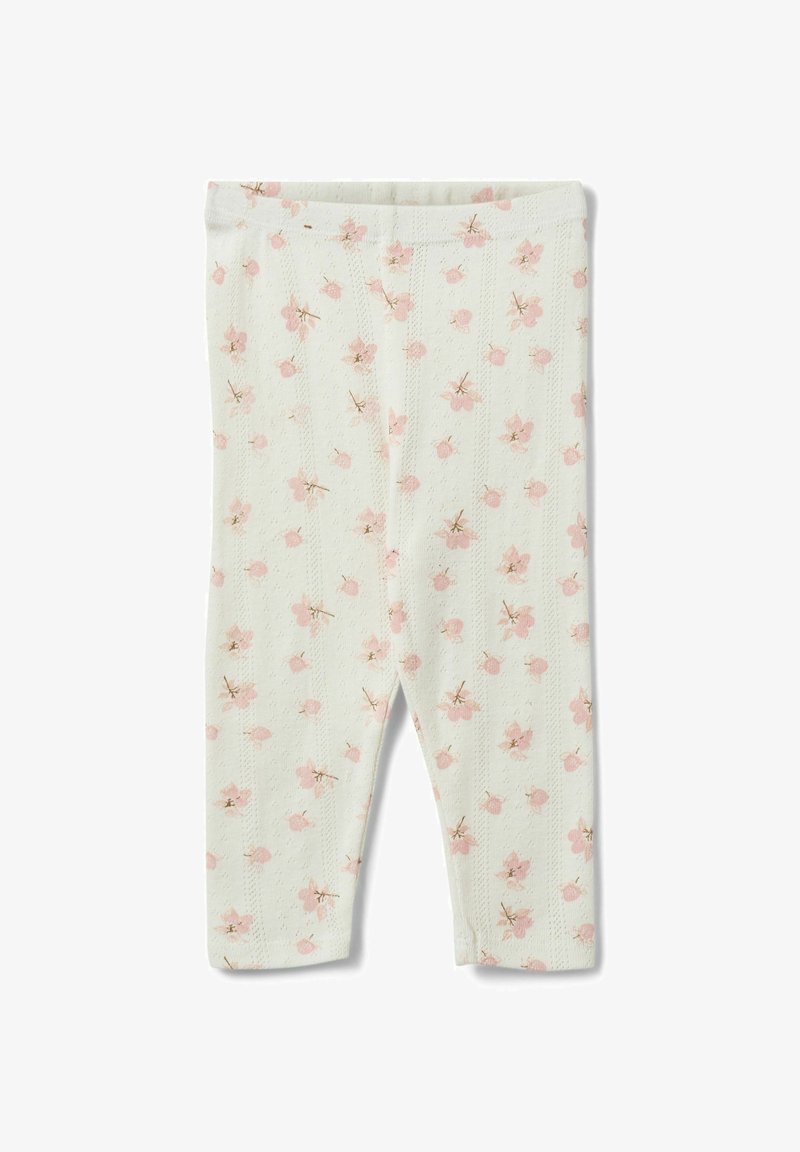 Leggings blancs pour bébé avec un motif texturé subtil et une impression dispersée de petites fleurs roses et de tiges brunes.