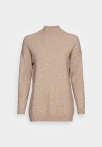 Beige, langärmliger Rollkragenpullover mit gerippten Bündchen und Saum. Weiche Textur, lockere Passform und einfaches Design, ideal zum Schichten.