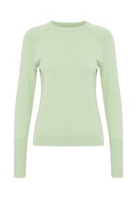 Maglione a maniche lunghe verde chiaro realizzato in morbido tessuto a costine. Dotato di scollatura a girocollo e maniche a raglan. Design semplice e pulito.