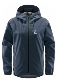 Veste imperméable bleu foncé avec capuche à cordon de serrage, fermeture éclair à l'avant, poignets élastiques et logo sur le côté gauche de la poitrine. Texture lisse, design léger.