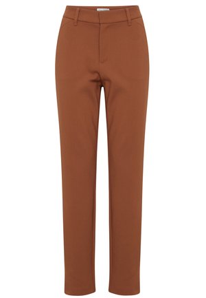 Pantalones de tela marrones, ajustados y con una textura suave, corte recto, con cinturilla y dos bolsillos delanteros. Están hechos de una tela elástica y duradera.