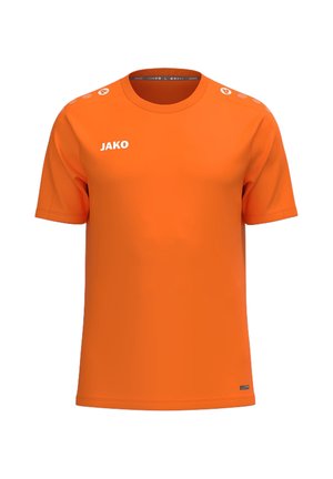 Fel oranje sport T-shirt met korte mouwen en ronde hals, wit JAKO-logo op de borst en kleine logo's langs de schoudernaden.