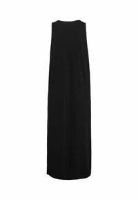 Robe noire sans manches, longueur cheville, avec un col rond et une texture lisse. Design simple, sans motifs supplémentaires ni détails matériels.