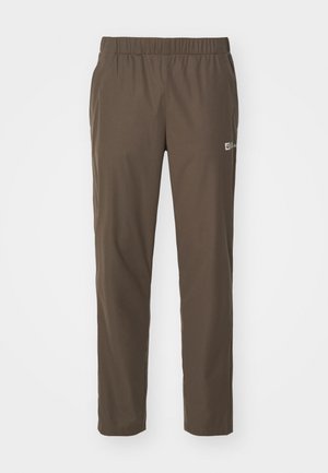 Brown, lightweight, elastic-waist pants with a straight leg design. Features a small logo patch on the left leg. Smooth, durable fabric.