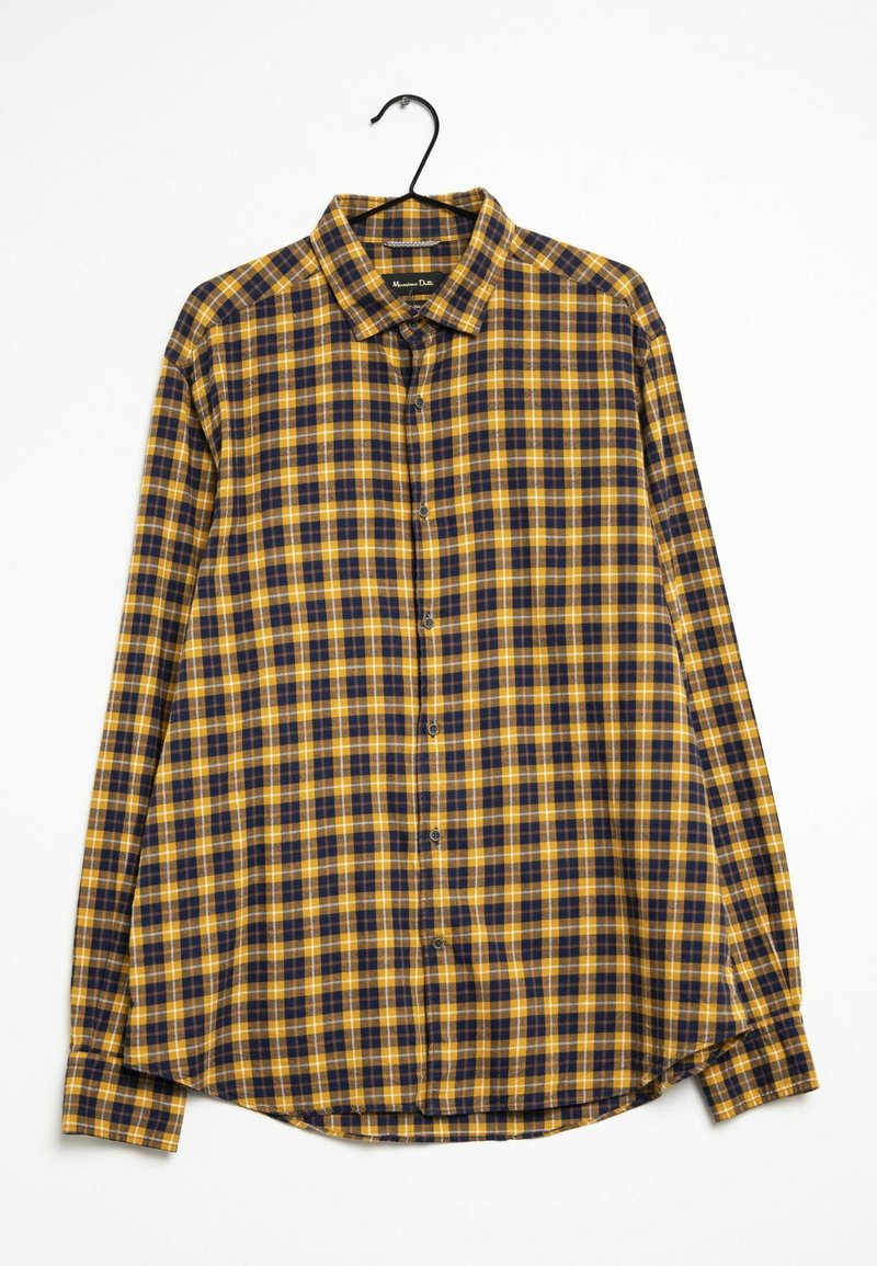 Button-up shirt featuring a plaid pattern in yellow and navy blue, crafted from a lightweight fabric with a standard collar and long sleeves.