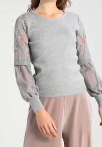 Pull en maille grise avec manches longues et transparentes à rayures, agrémenté de détails en dentelle. Coupe ajustée à la taille, contrastant avec les manches volumineuses.