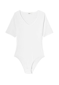 Bodysuit blanc à manches courtes, avec un col en V, une texture ribbed douce et une forme ajustée, doté d'une fermeture à pression au fond.