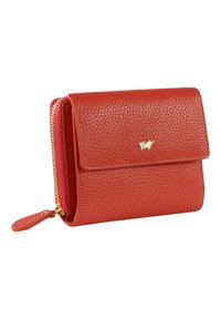 Red leather wallet with a textured finish, featuring a flap closure, gold-tone hardware, and a zippered compartment on the side.