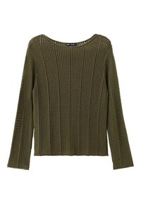 Langærmet olivengrøn strikket sweater med lodrette, gennembrudte striber og rund halsudskæring, lagt fladt på en hvid baggrund.