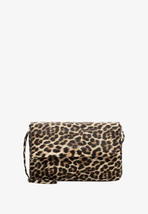 Leopard-print faux fur crossbody bag with a flap closure, featuring a slim design and detachable strap for versatility.