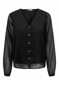 Blouse noire avec un décolleté en V, manches longues en tissu transparent et cinq boutons sur le devant. Tissu texturé avec une finition légère.