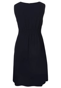 Vestido sin mangas azul marino con un corte relajado, que presenta una cintura fruncida, una textura suave y una silueta fluida. Vista trasera, sin patrones ni acentos.