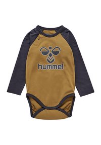 Langærmet bodysuit i sennepsgul og marineblå farver, lavet af bomuldsstof, med lap skulderdesign og et fremtrædende logo på fronten.
