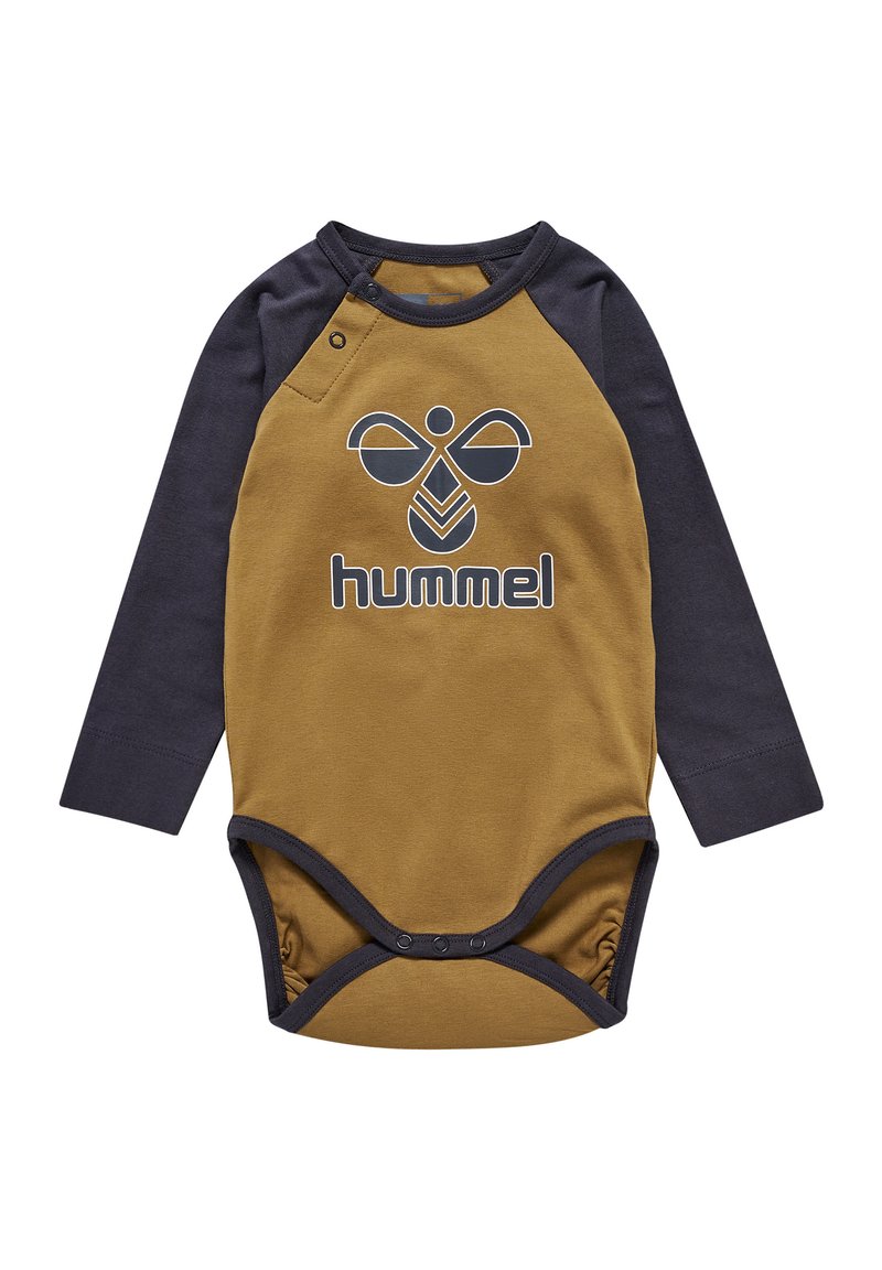 Langærmet bodysuit i sennepsgul og marineblå farver, lavet af bomuldsstof, med lap skulderdesign og et fremtrædende logo på fronten.