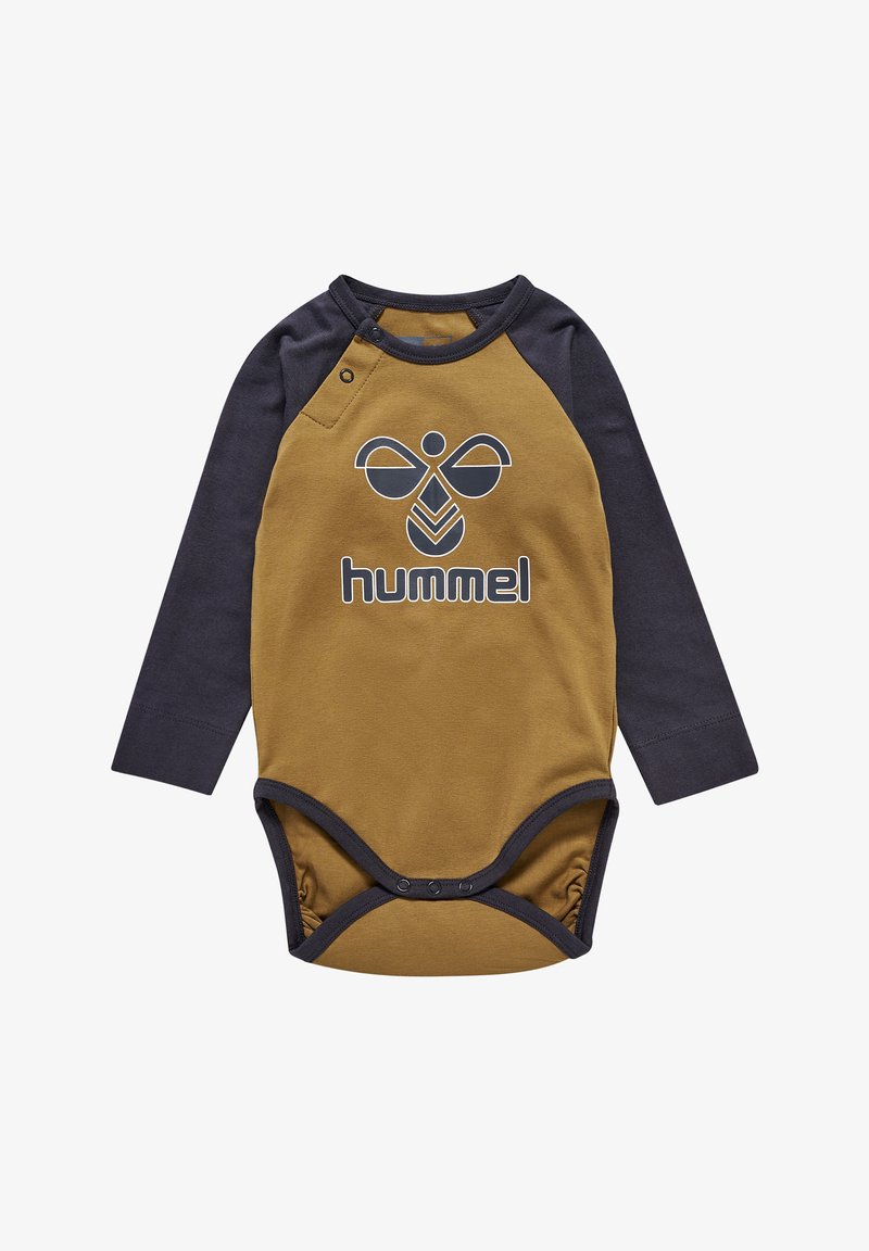 Langemouwige romper in mosterdgeel en marineblauw, gemaakt van katoen, met een schouderontwerp met klep en een prominent logo op de voorkant.