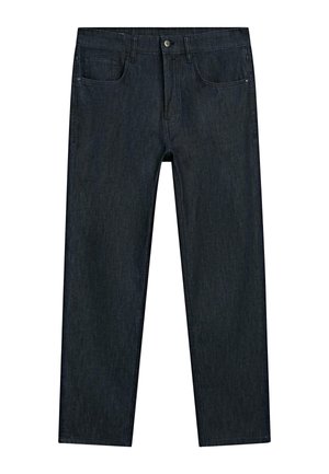 Jeans blu scuro a gamba dritta con tasche frontali, chiusura con bottoni e passanti per cintura, mostrati distesi su sfondo bianco.