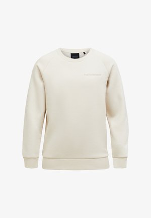 Sweat-shirt beige à manches longues et col rond, avec poignets et ourlet côtelés, logo "Peak Performance" discret sur la poitrine gauche.