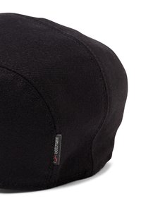 Black hat made of soft, textured fabric. Features a rounded shape, stitched detailing, and a small logo tag on the side.
