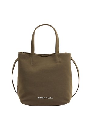Olive green tote bag in durable fabric with two short handles and removable strap. Features white brand lettering at the bottom.