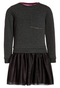 Grauer Sweatshirtoberteil mit einer Fronttasche und einem schwarzen, glitzernden Tüllrock. Der Pullover hat Rippbündchen und einen -saum und verbindet legere mit eleganten Stil.