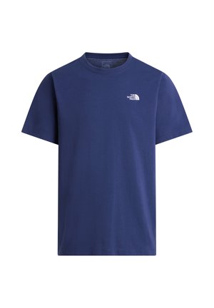 Laivastonsininen, lyhythihainen T-paita, jossa on pieni valkoinen The North Face -logo vasemmalla rinnalla.