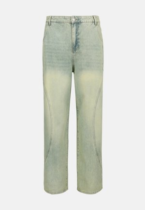 Heledroheline pleekinud sirge säärega teksapüksid kõrge vöökohaga, ees nupuga, tõmblukuga ja jalgadel kõverate õmblustega detailidega.