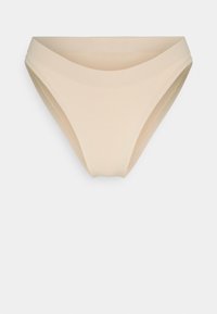 Bežani bikini donji dio od tkanine s glatkom, elastičnom teksturom, sa niskim strukom i širokim pojasom za udoban fit.