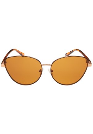 Occhiali da sole a forma di occhi di gatto con lenti marroni, sottili montature in metallo color oro rosa e bracci con motivo tartarugato.