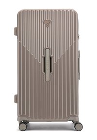 Valigie rigide in un delicato colore taupe con righe verticali, una maniglia centrale, un marchio discreto e quattro ruote per una facile mobilità.