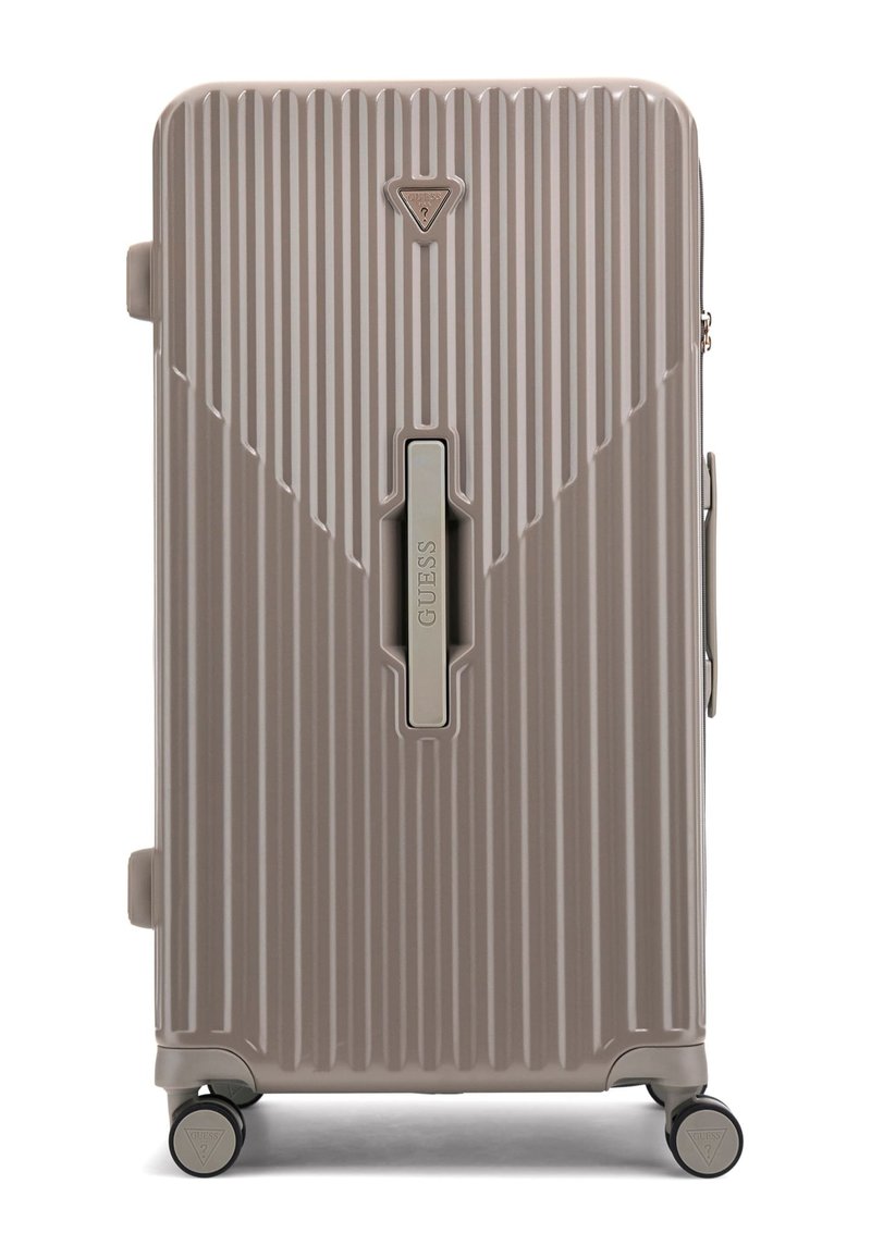 Valigie rigide in un delicato colore taupe con righe verticali, una maniglia centrale, un marchio discreto e quattro ruote per una facile mobilità.