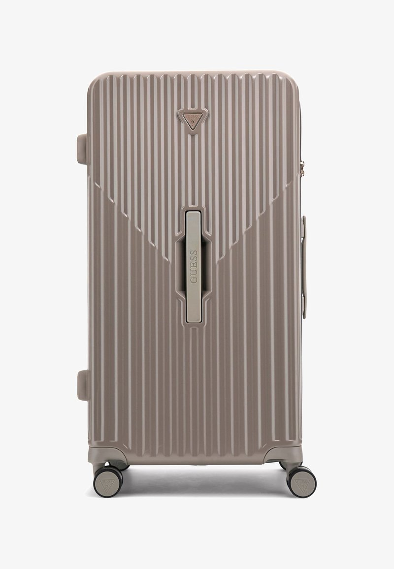 Hard-shell luggage in a muted taupe color with vertical ridges, a central handle, subtle branding, and four wheels for easy mobility.