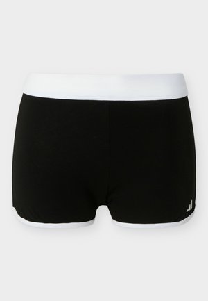 Μαύρα αθλητικά σορτς με φαρδύ λευκό ζωνάρι στη μέση και λευκή επένδυση στα ανοίγματα των ποδιών, με μικρό λογότυπο στο κάτω δεξιό μέρος.