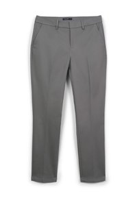 Pantalon gris ajusté avec une texture lisse, design à jambe droite, poches avant et passants de ceinture. Étiquette visible à la taille.