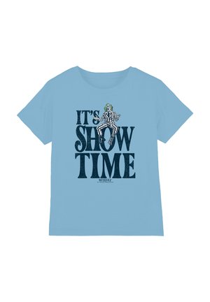 Light blue t-shirt with dark text "IT'S SHOW TIME" and an illustrated character in a striped suit sitting atop the letters.