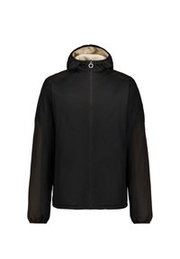 Zwarte jas met capuchon, voorzien van een ritssluiting aan de voorkant en contrasterende bruine schouders. De getextureerde voering zorgt voor warmte. Elastische manchetten maken het ontwerp compleet.