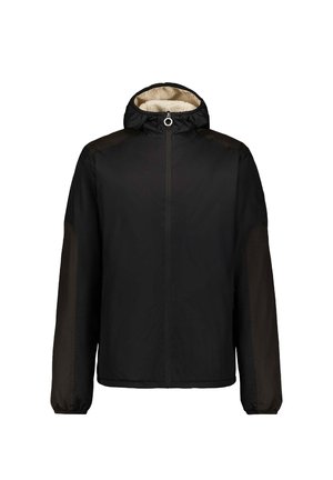 Giacca nera con cappuccio, dotata di zip frontale e spalle marroni a contrasto. Fodera interna texturizzata per garantire calore. Polsini elasticizzati completano il design.