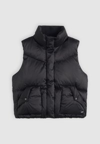 Zwarte puffer vest met een hoge kraag, voorzien van twee voorzakken met drukknoopsluitingen en een gewatteerde textuur. Het materiaal lijkt zacht en geïsoleerd.